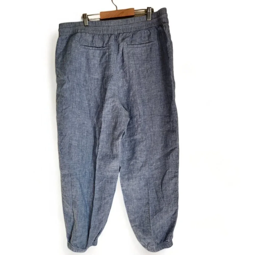 Athleta Jogger Pants Women 18 Plus Blue 100% Linen Pull On Elastic Waist Comfort